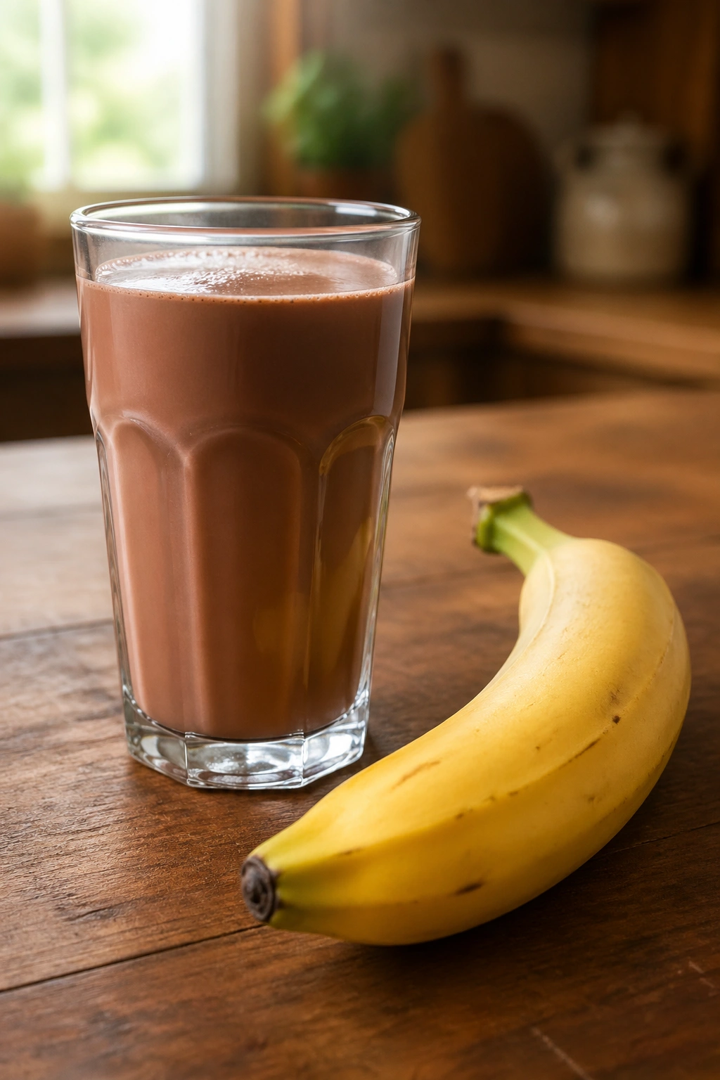 Close-up of chocolate soy milk beside a banana on a wooden kitchen counter for vegan post-workout recovery