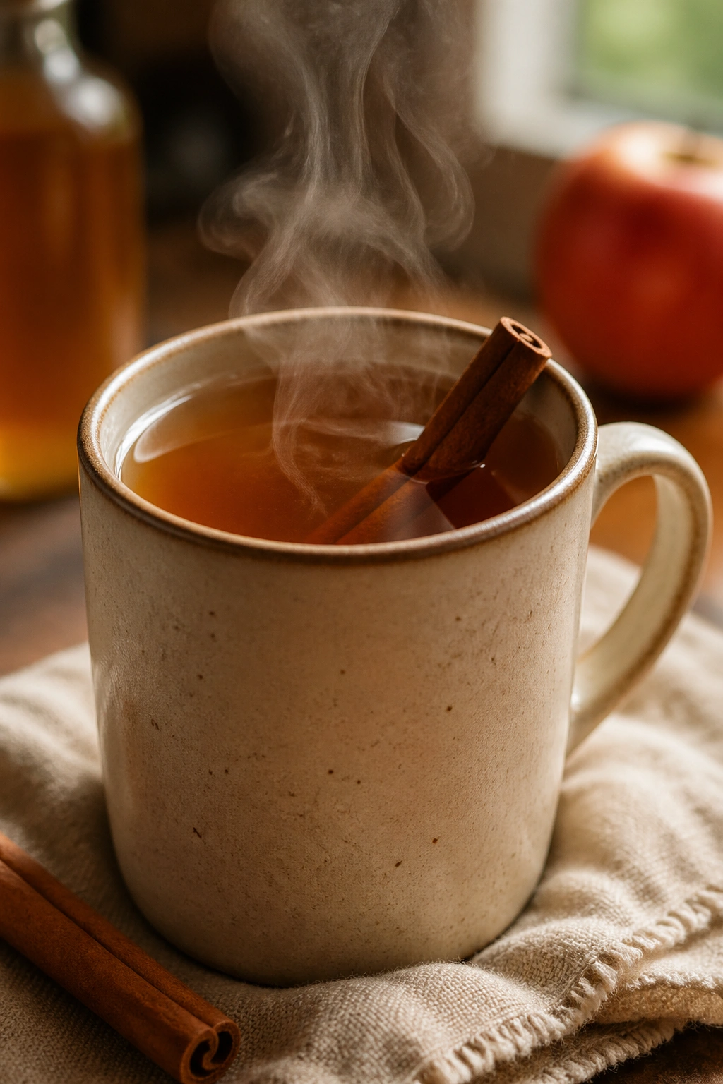 Warm cinnamon ACV tea in a mug with steam