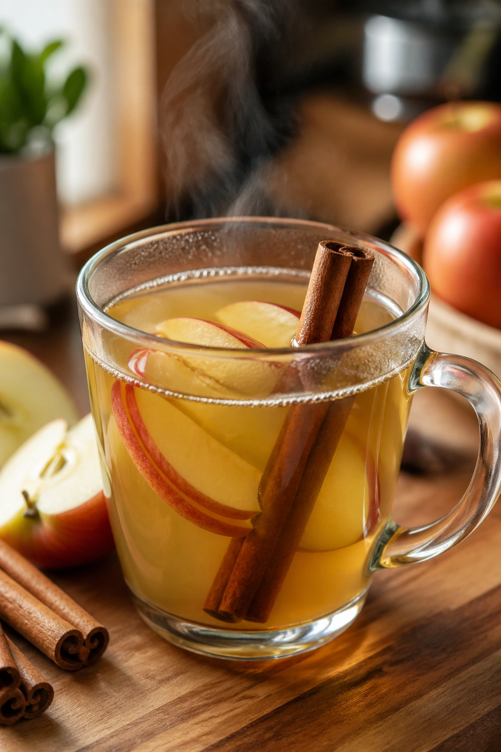 Steaming mug of cinnamon apple green tea with cinnamon stick in warm kitchen