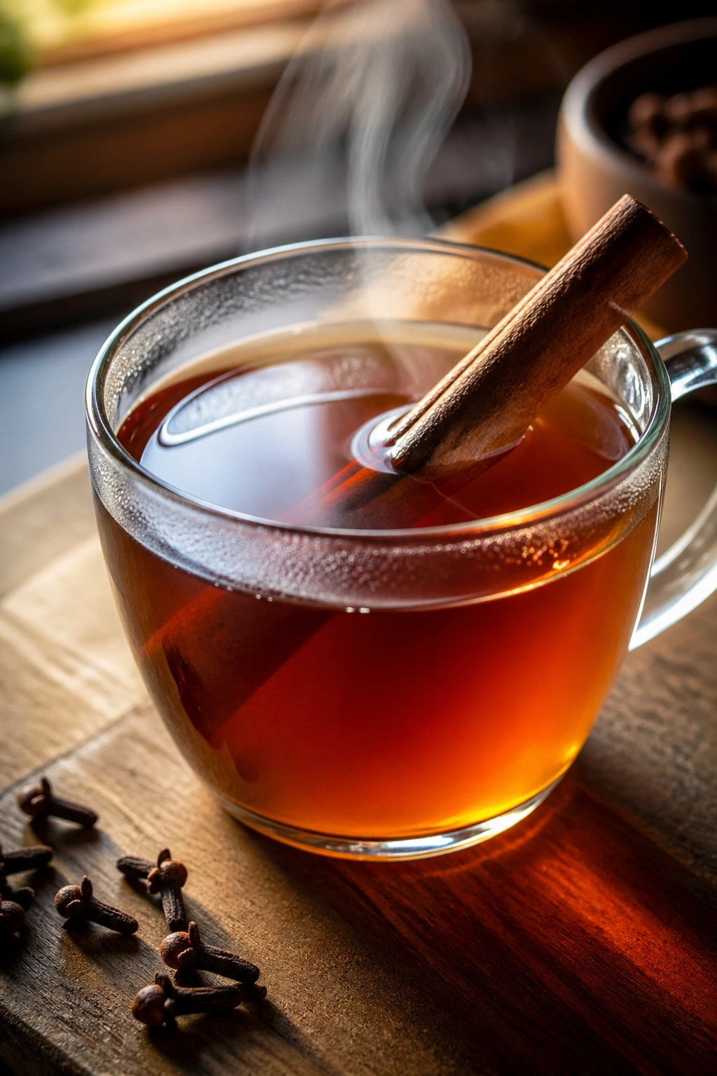 Close-up of a warm cup of cinnamon clove tea with a cinnamon stick on a kitchen counter.