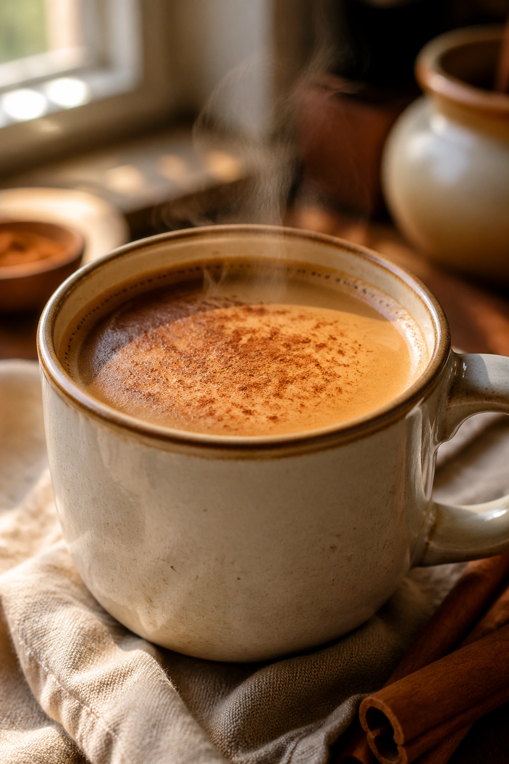 Close-up of a steaming cup of cinnamon coffee with cinnamon dust in a cozy kitchen