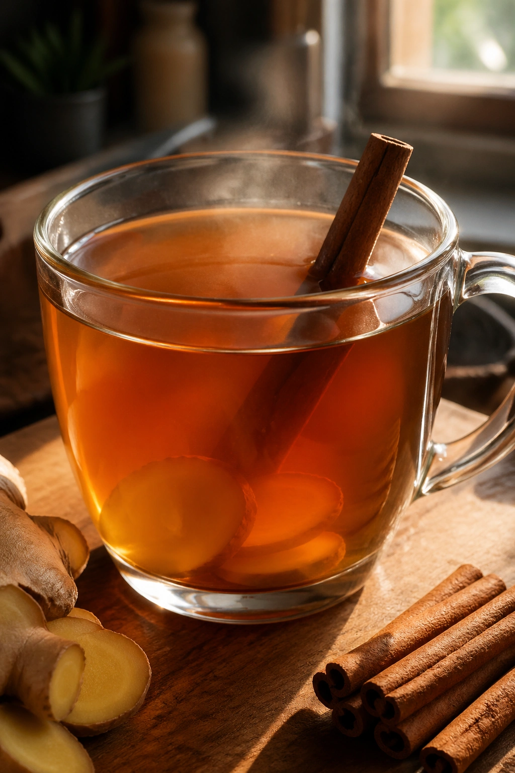 Steaming mug of cinnamon-ginger tea with cinnamon stick in a cozy kitchen