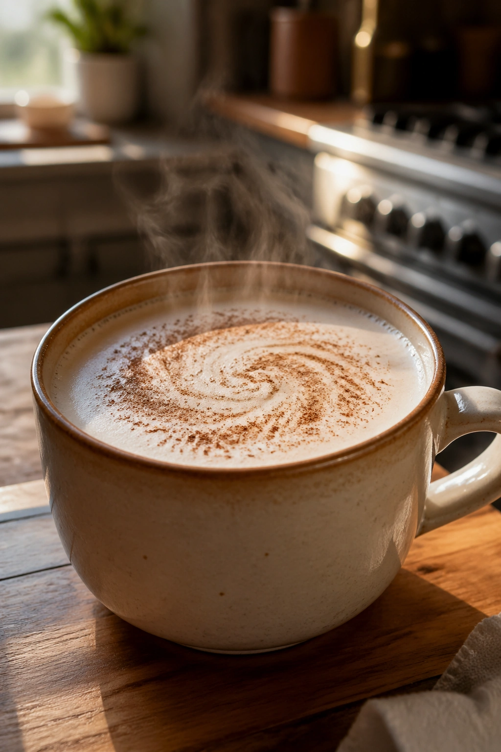 Close-up of a steaming cup of cinnamon oat milk drink on a wooden counter with warm light