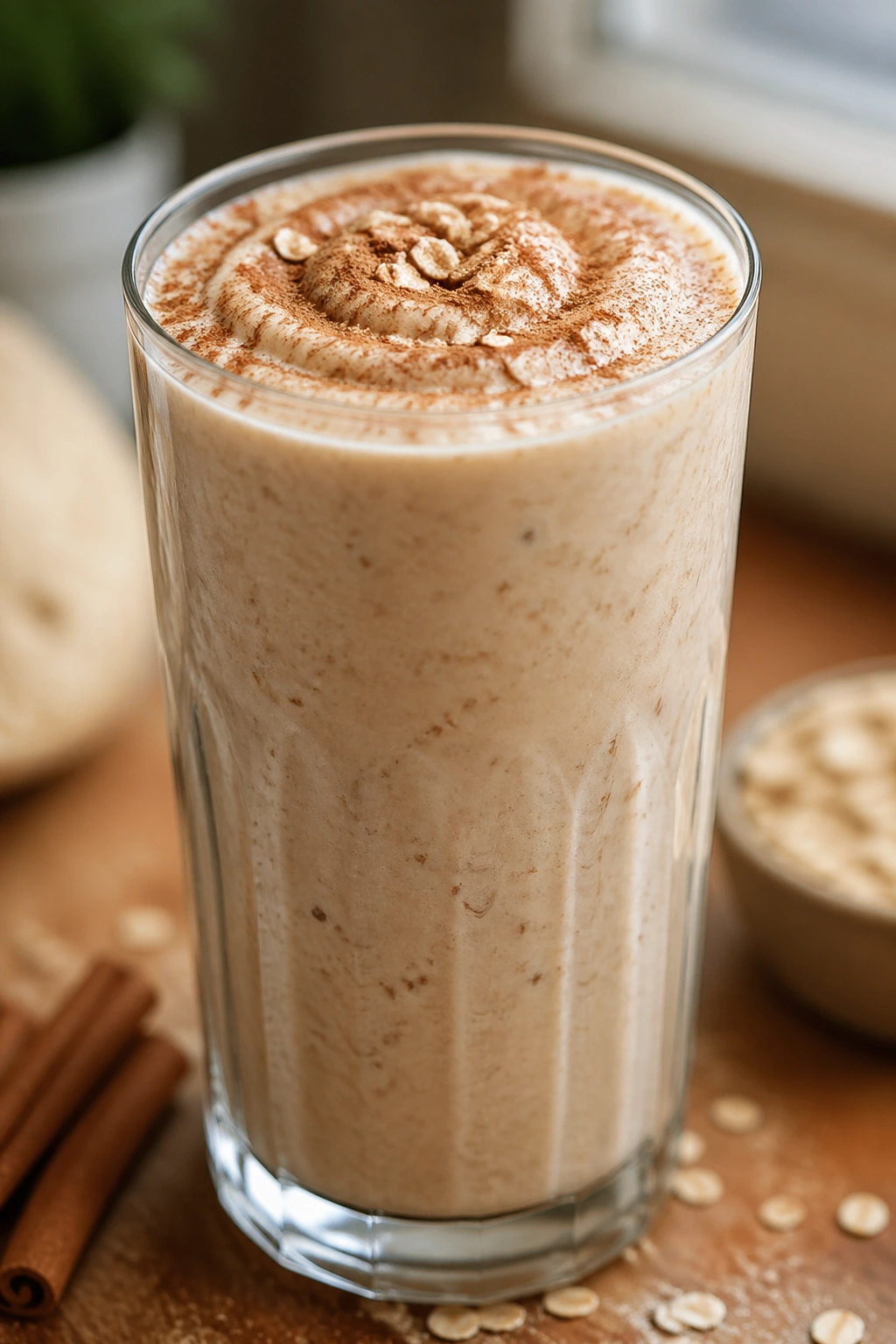Close-up of a thick Cinnamon Roll Oat Shake in a glass, topped with cinnamon, on a wooden kitchen counter