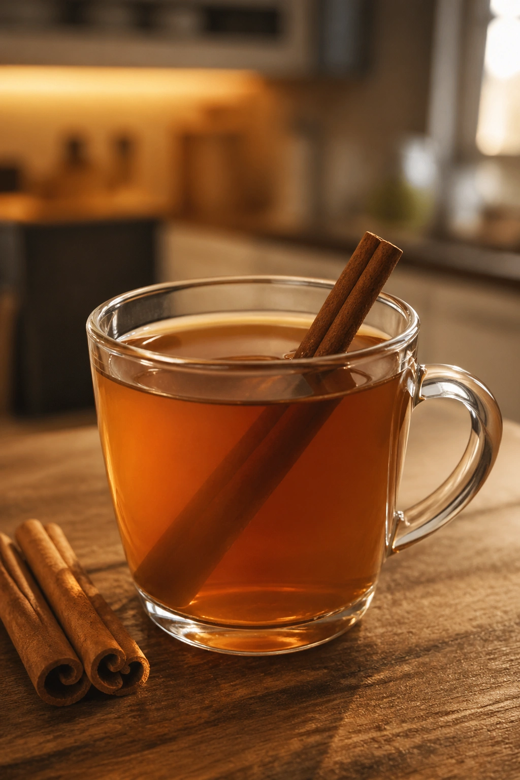 Close-up of cinnamon tea with a cinnamon stick in a mug