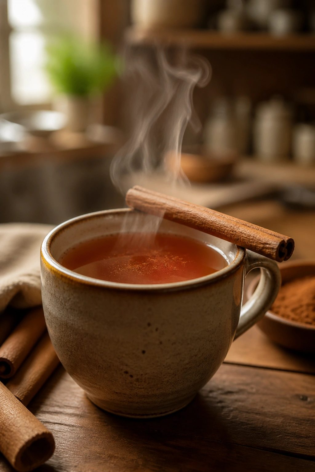 Close-up of a steaming cup of cinnamon tea with a cinnamon stick on a wooden table