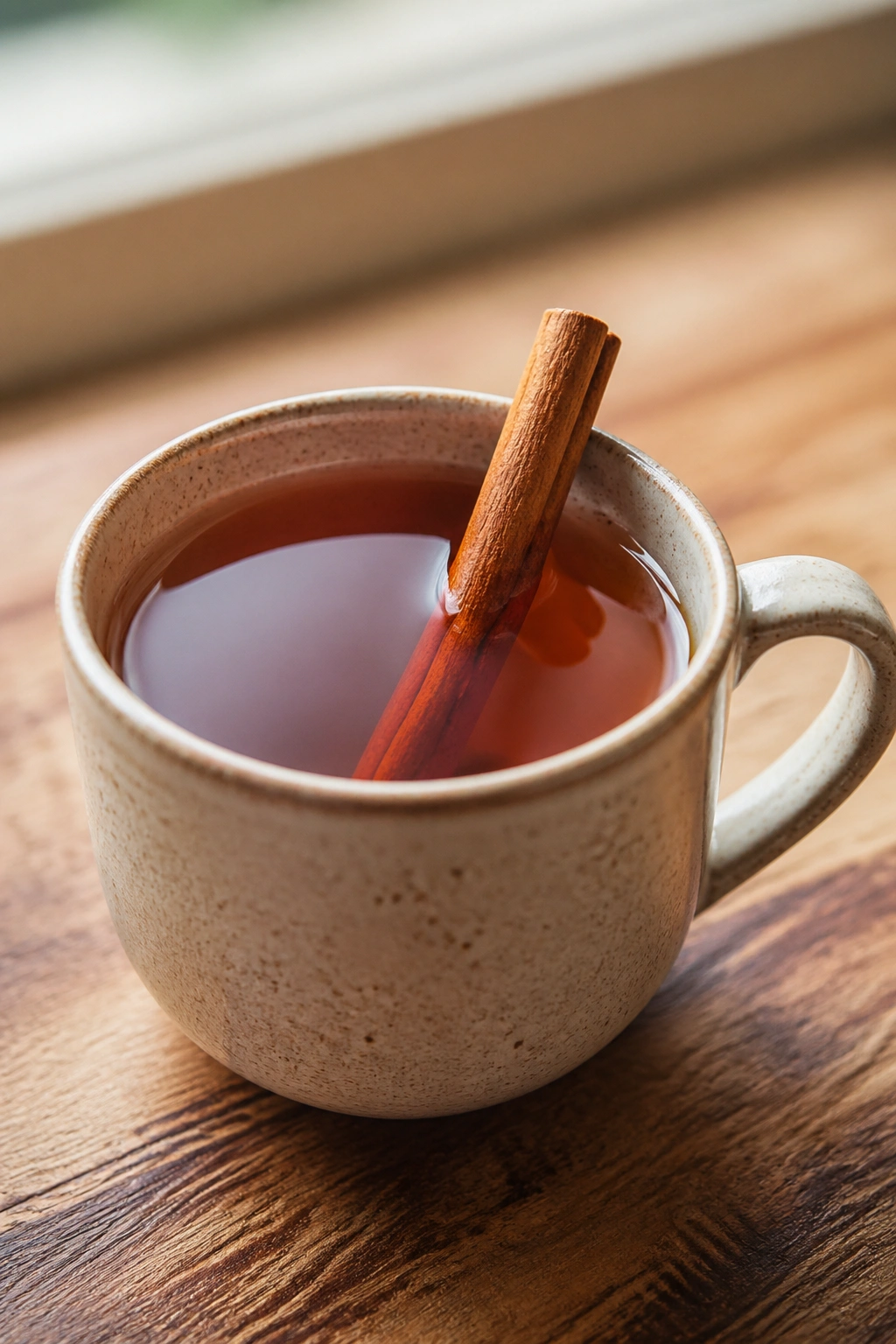 Close-up of cinnamon tea with a cinnamon stick in a mug on a wooden counter.