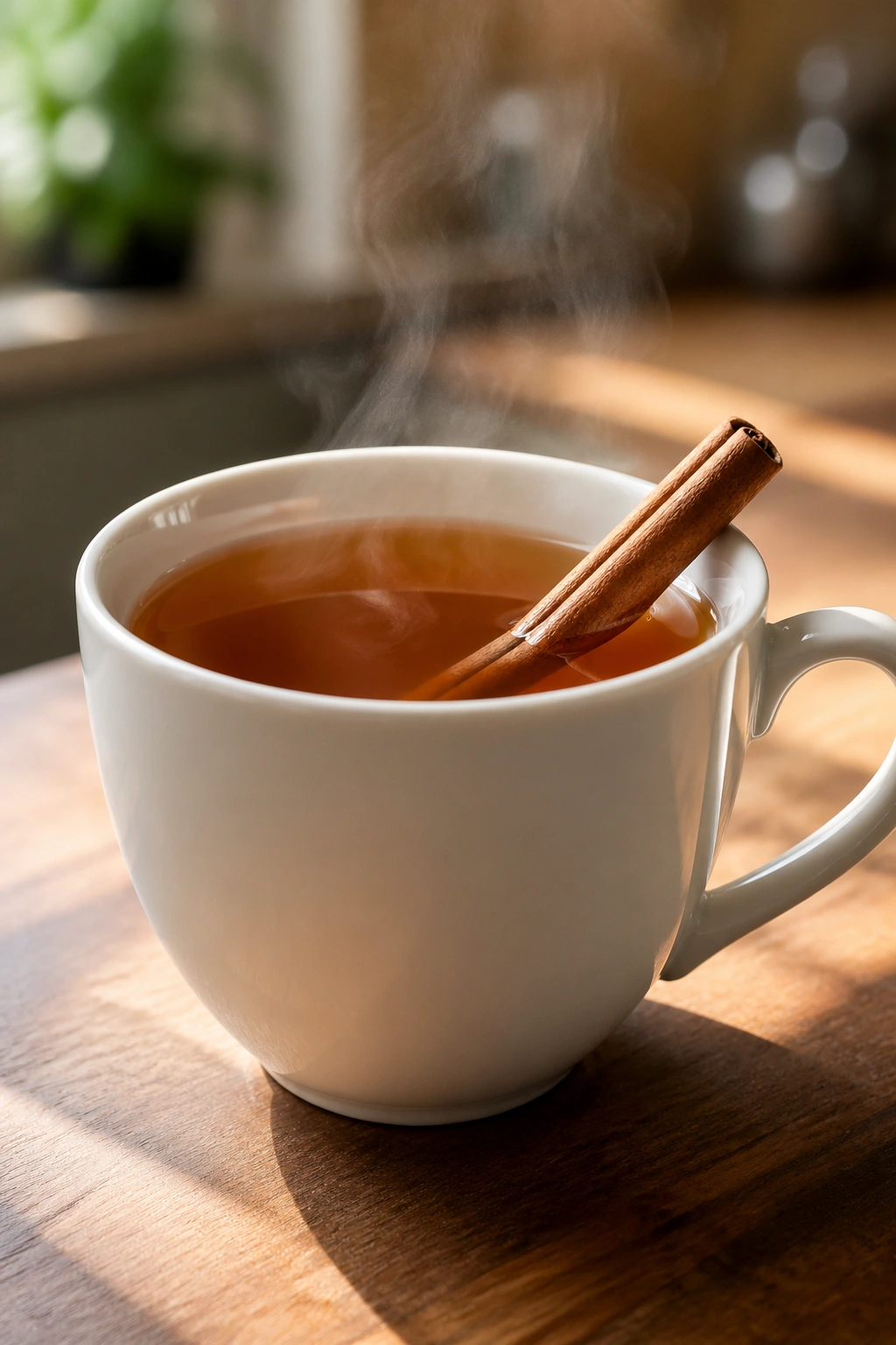 Close-up of steaming cinnamon tea in a mug on a wooden counter