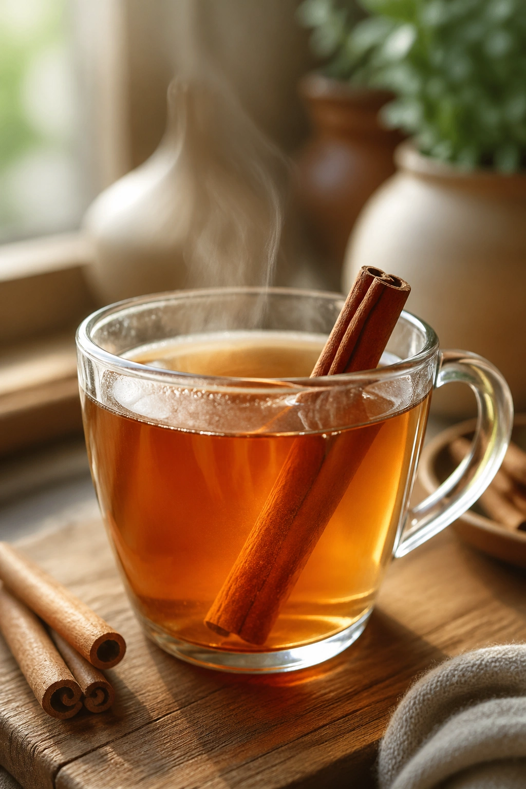 Close-up of cinnamon tea with a cinnamon stick in a mug