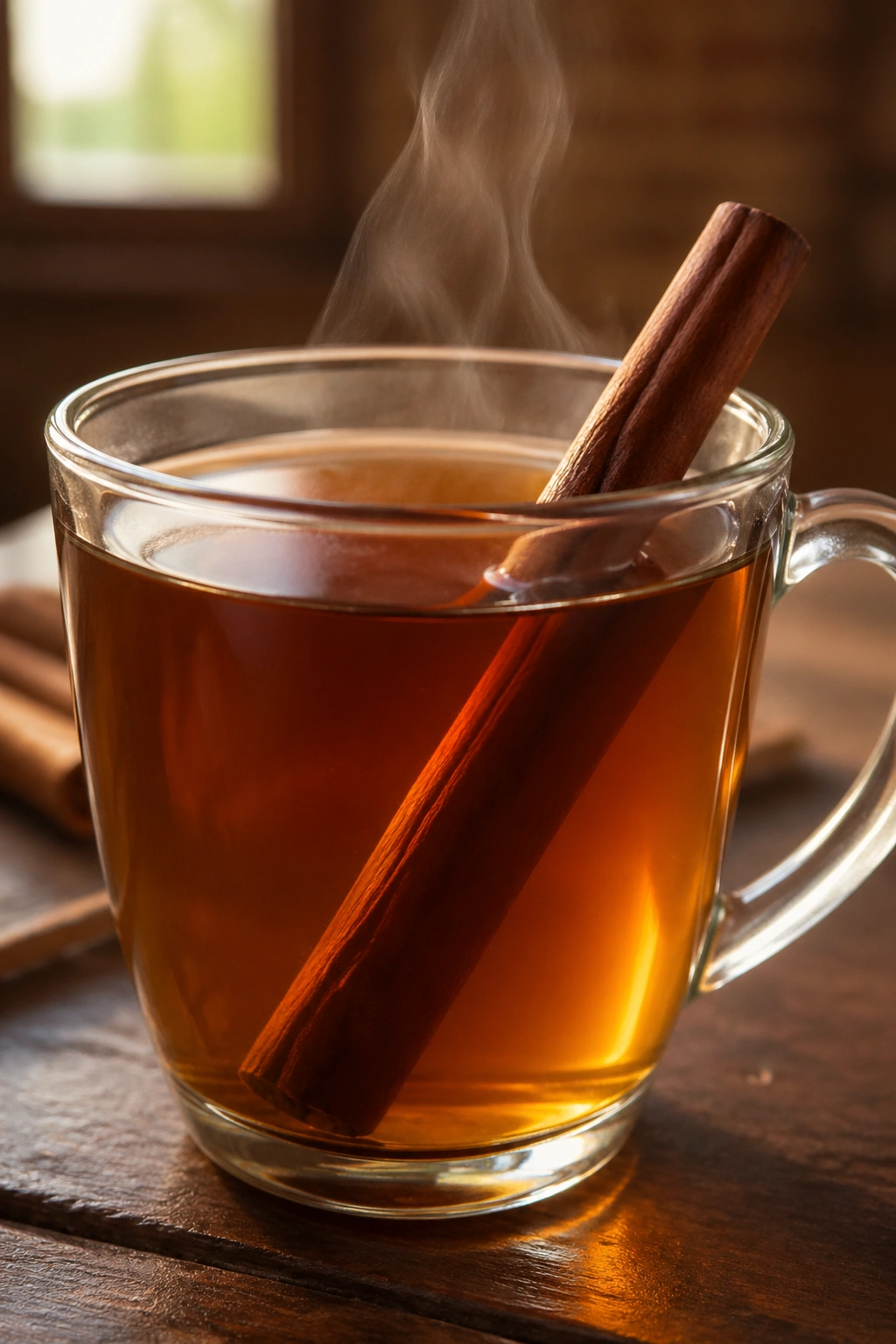 Steaming cinnamon tea in a glass mug on a wooden table