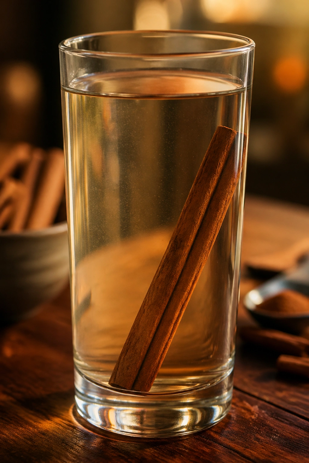 Close-up of cinnamon-infused water in a tall glass with a cinnamon stick