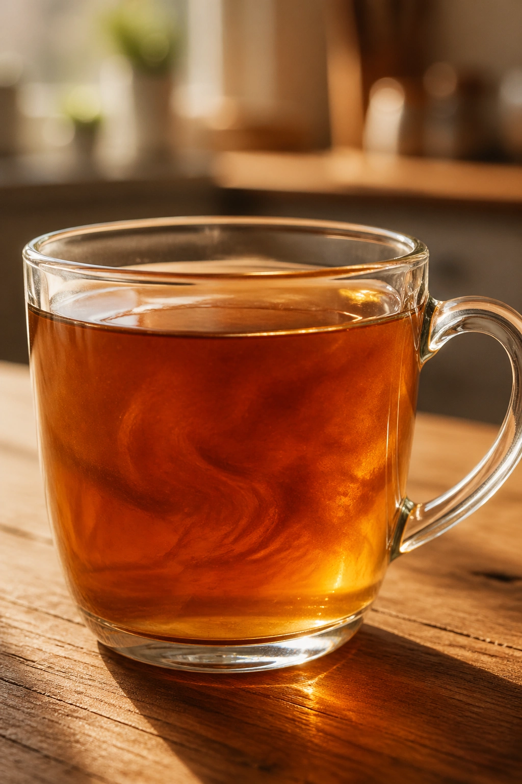 Close-up of a glass mug filled with cinnamon water on a warm kitchen table