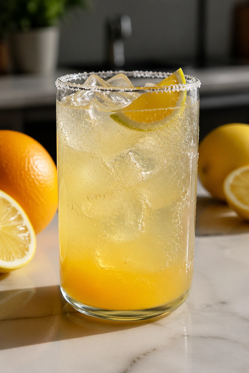 Glass of Citrus Sea Salt Spritz with bubbles on a sunny kitchen counter