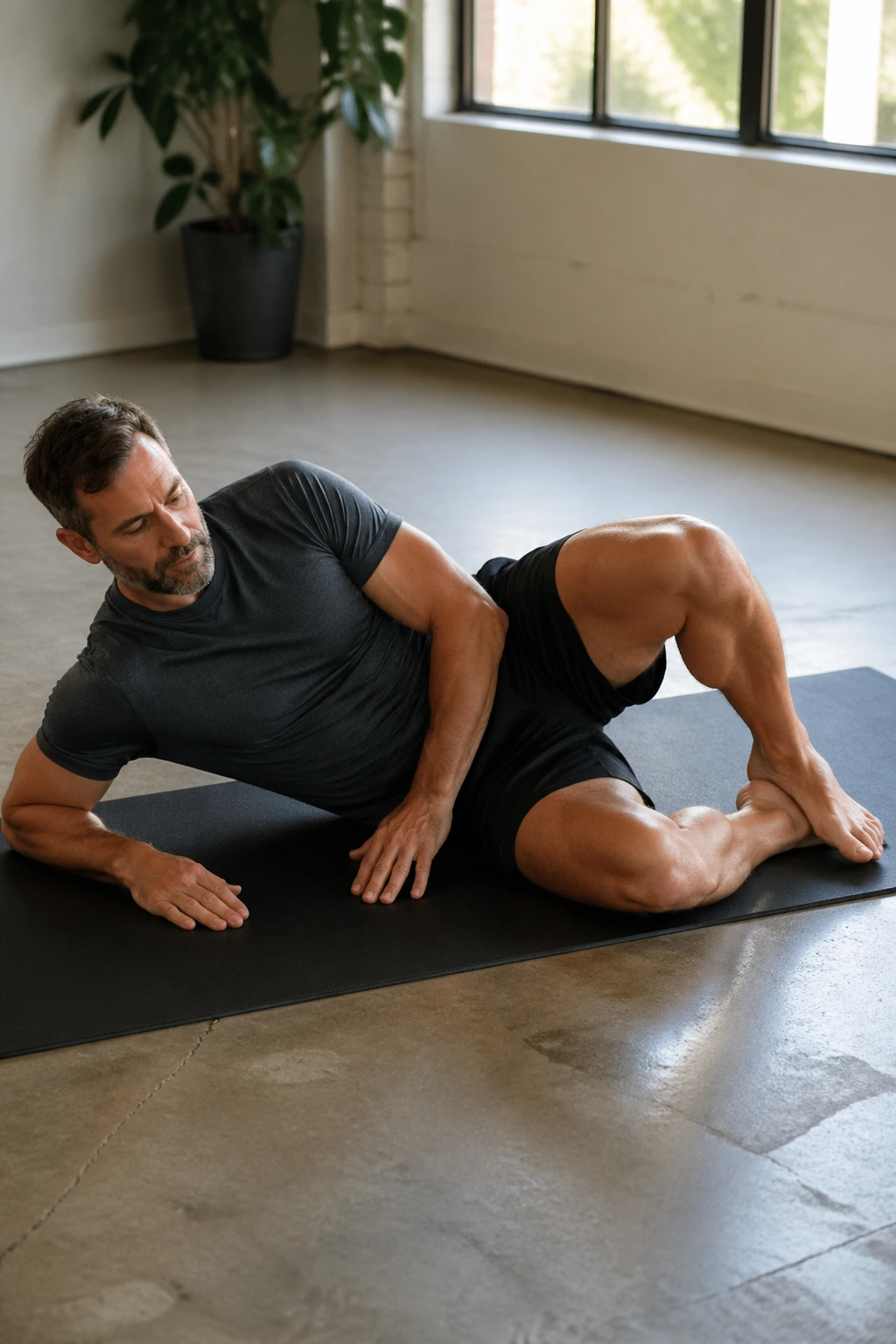 Man performing clamshells on a mat
