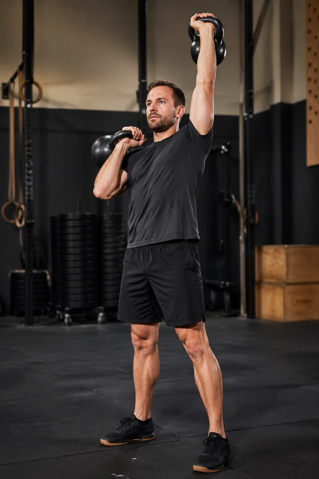 Three-quarter view of a person performing clean and press with kettlebell.
