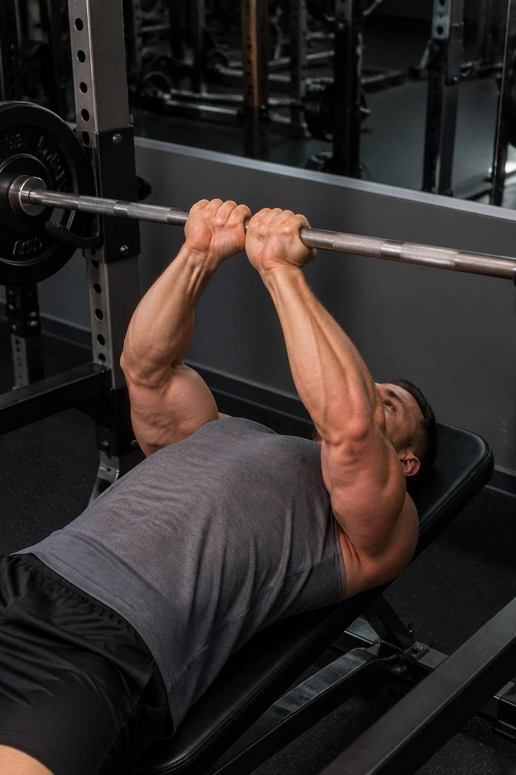 Close-grip bench press performed with a narrow grip, highlighting triceps.