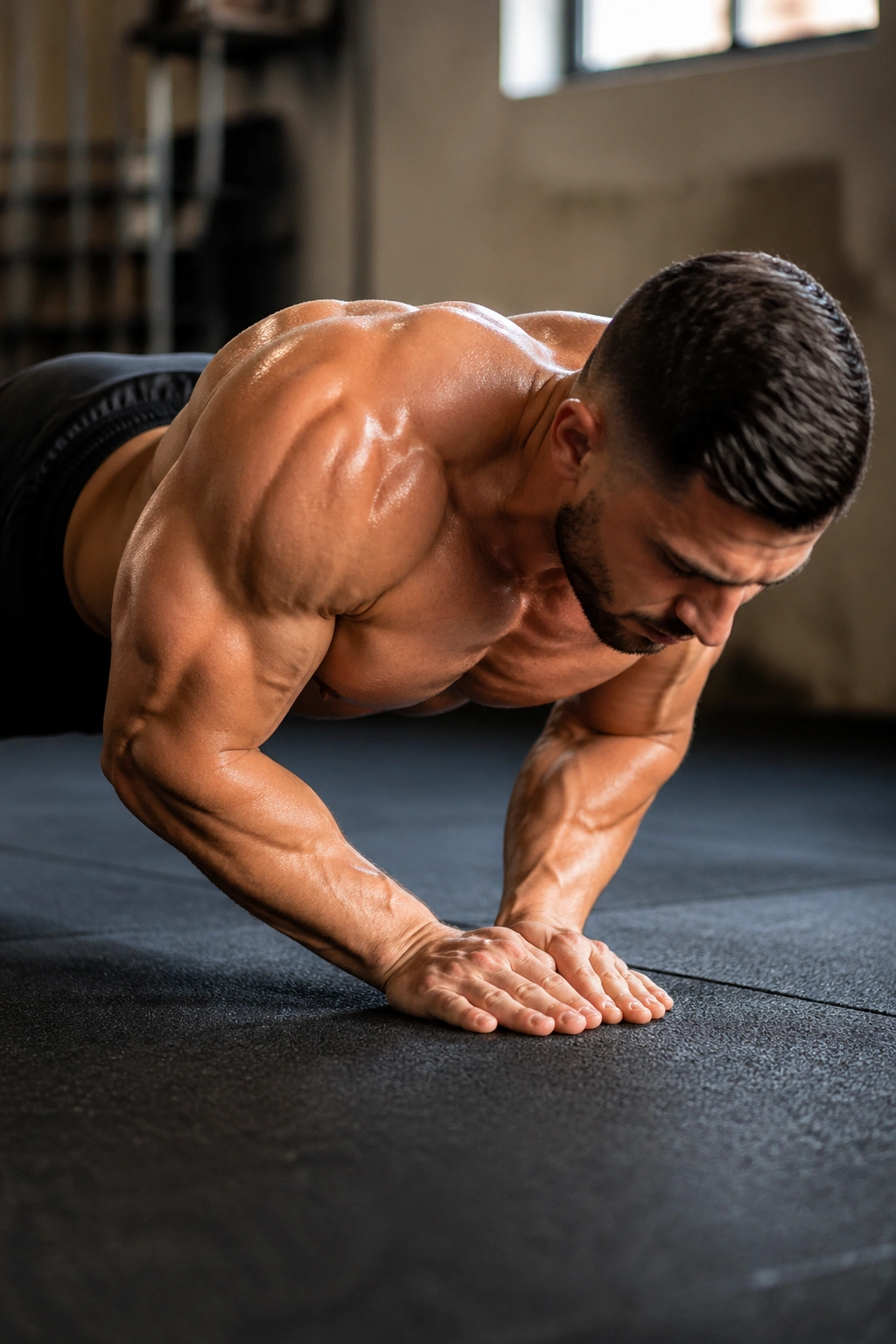 Close-up of a real person performing a close-grip push-up, elbows tucked and triceps engaged