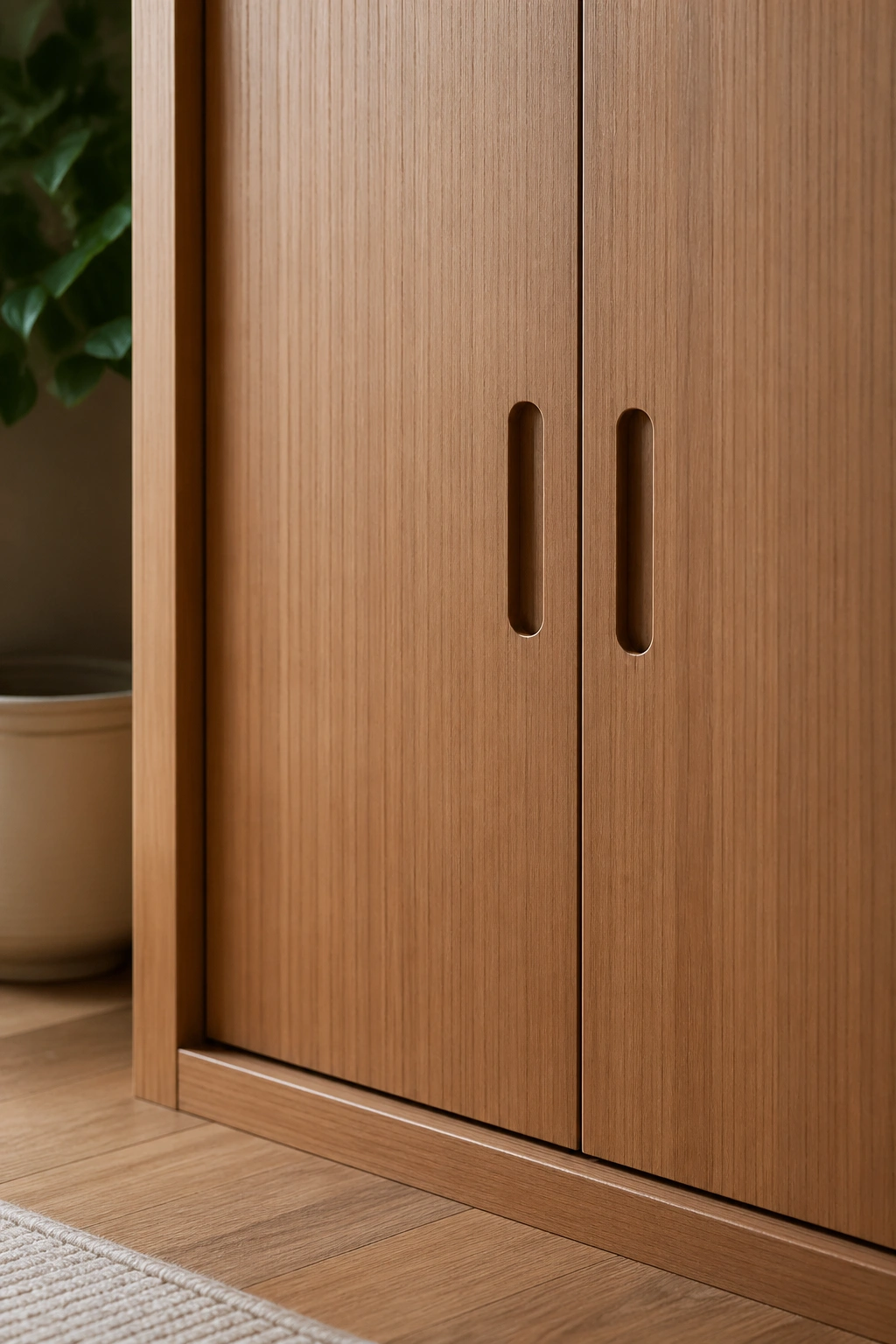 Close-up of a closed wooden door in a calm yoga room