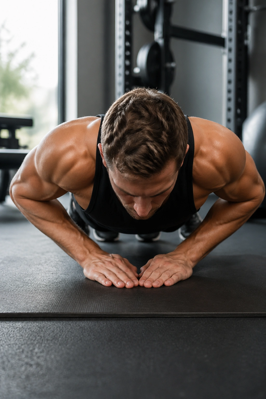 Close-up of a fit person performing a close-grip push-up to target triceps and core.