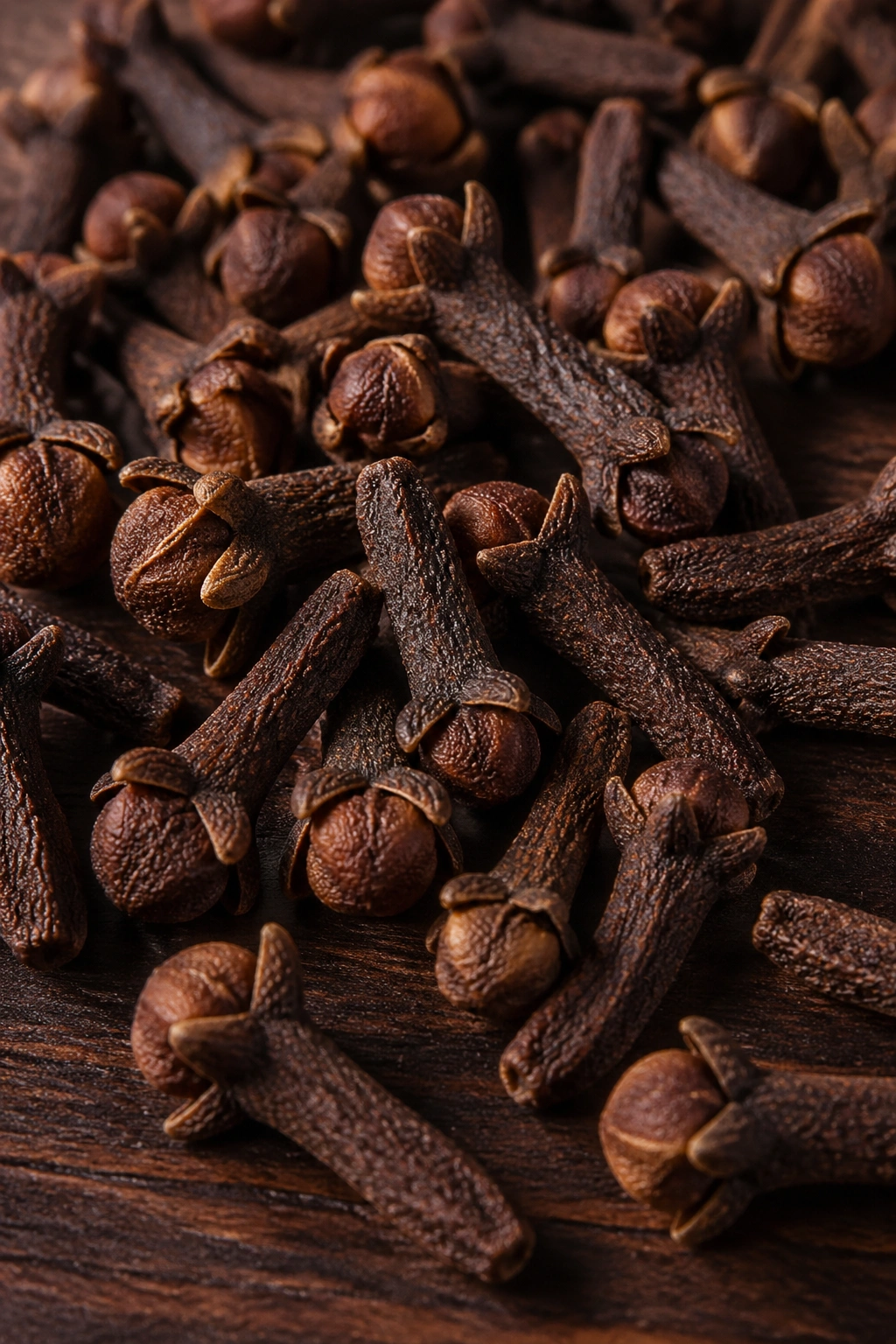 Close-up of whole cloves scattered on dark wood with warm lighting