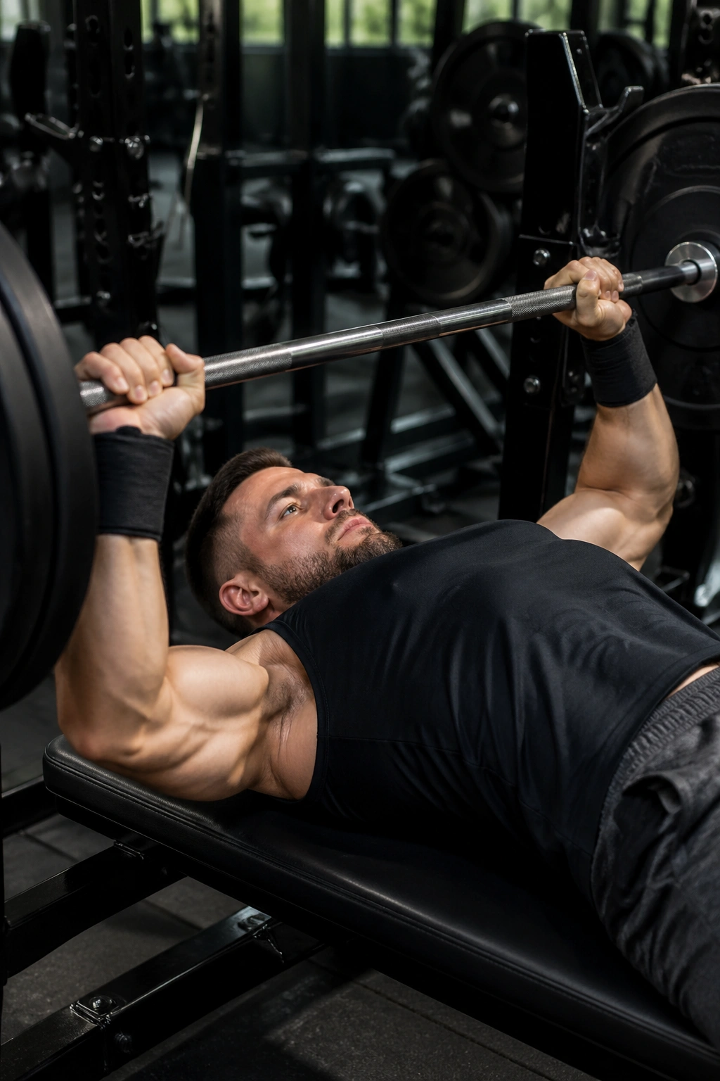 Lifter mid-rep on bench press showing strong form