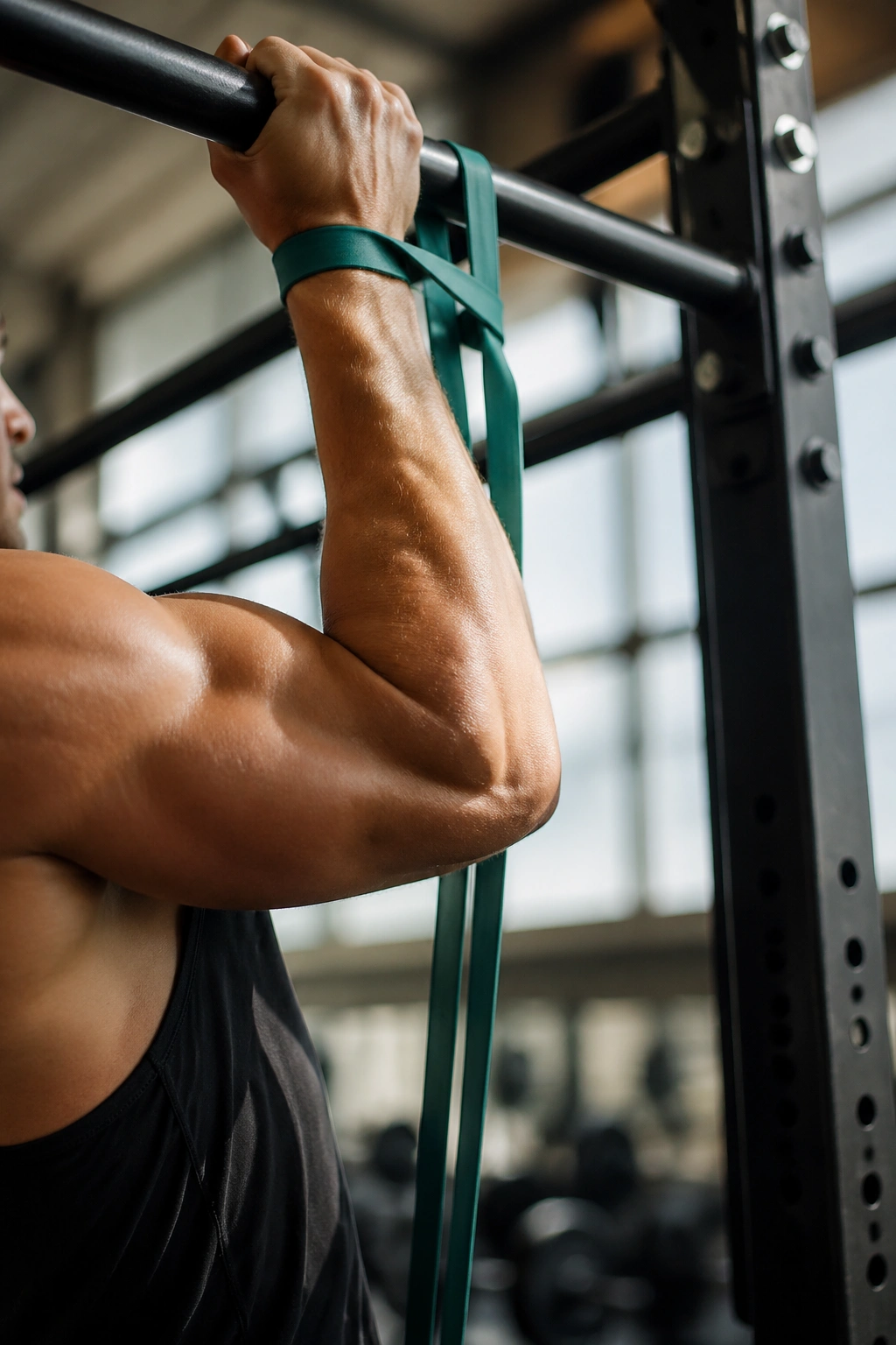 Close-up of a person performing a controlled assisted pull-up with light band in a gym