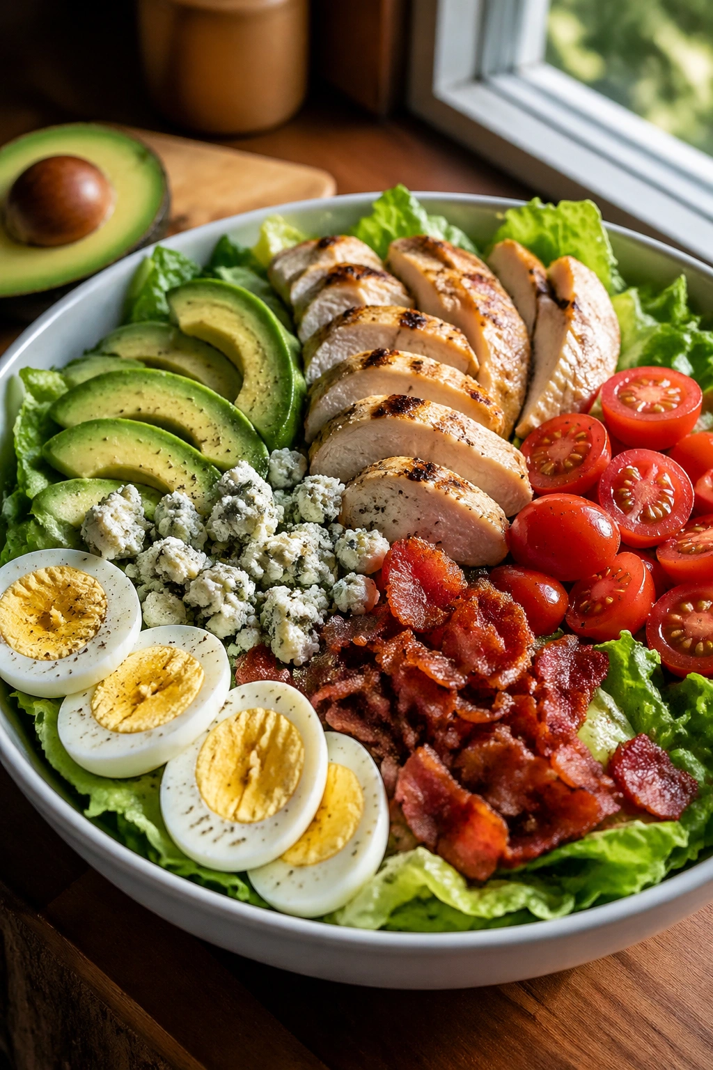 Close-up of Cobb Salad with Eggs and Turkey Bacon showing eggs, turkey bacon, chicken, avocado and greens in a bowl