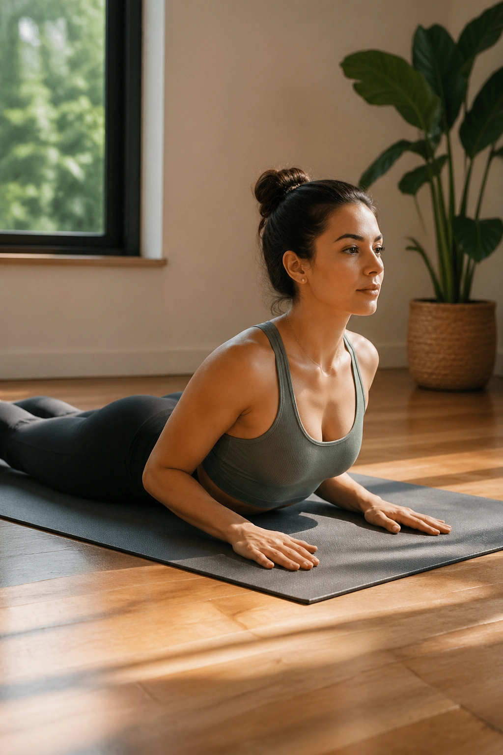 Person in low Cobra pose on a mat with gentle back extension