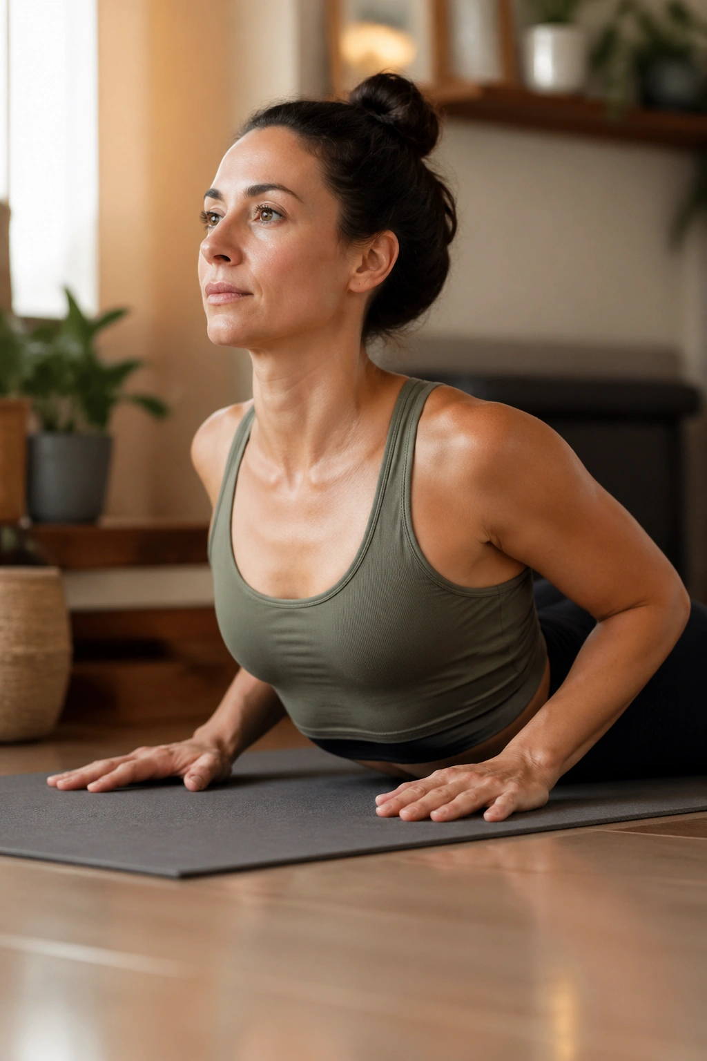 Person practicing Cobra Pose with chest lift in a cozy home setting