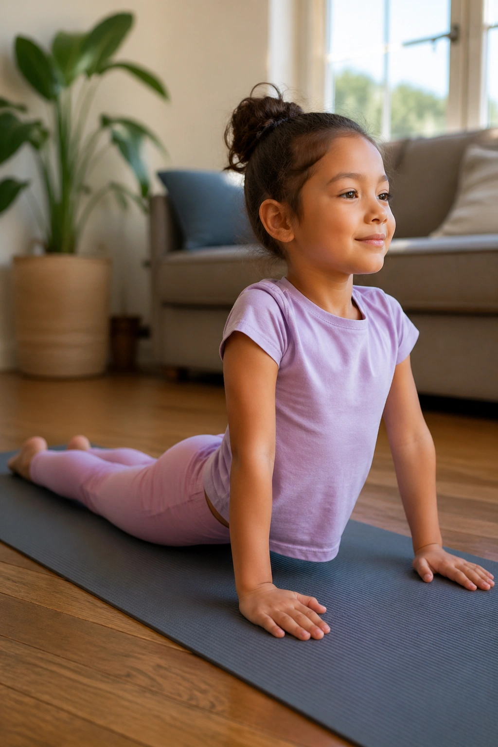 Child in Cobra Pose lying on stomach with chest lifted