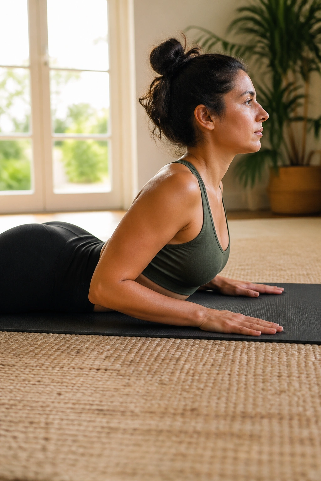 Person in low Cobra Pose with chest lifted slightly on a mat