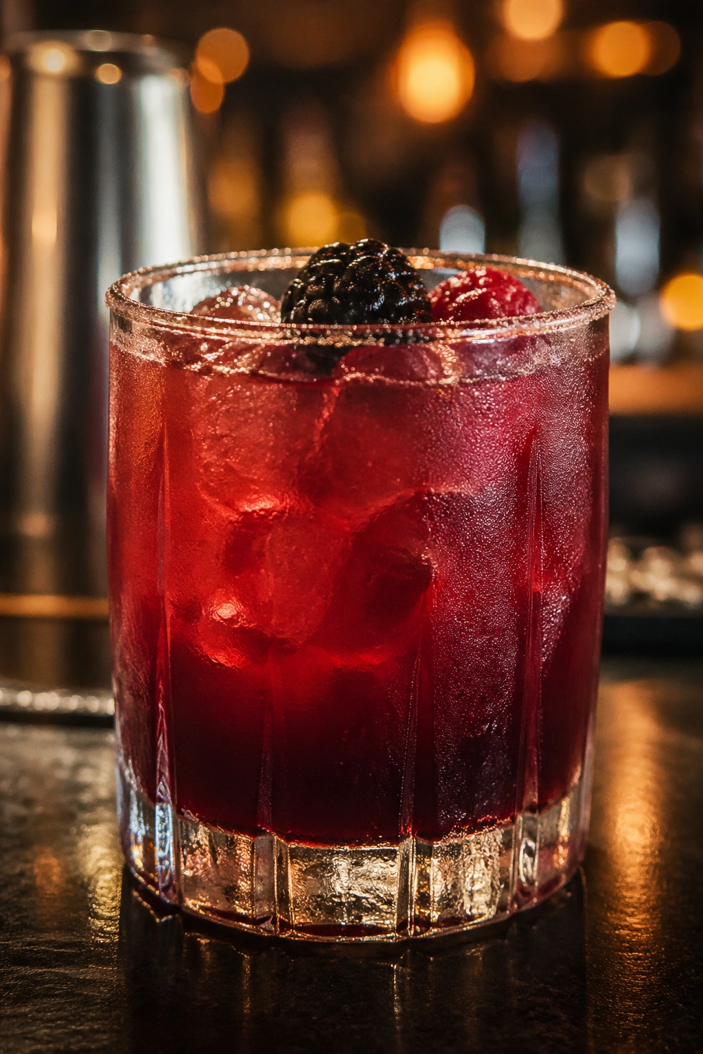 Close-up of a cocktail glass with a dark red drink and ice on a bar counter