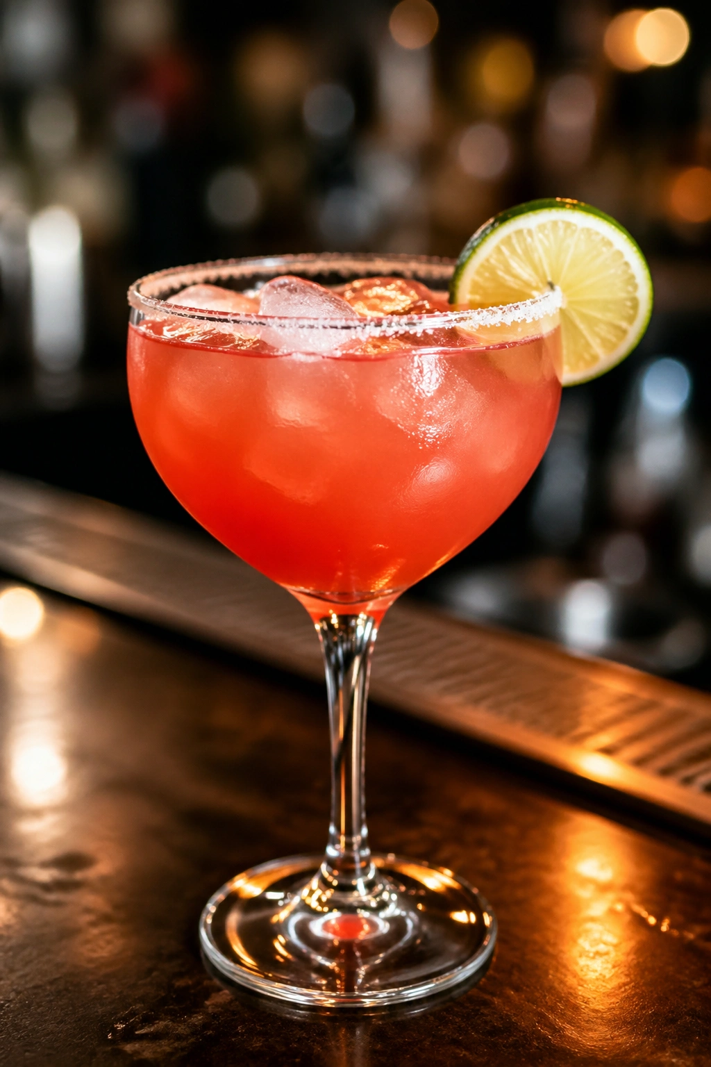 Close-up of a colorful cocktail on a bar counter