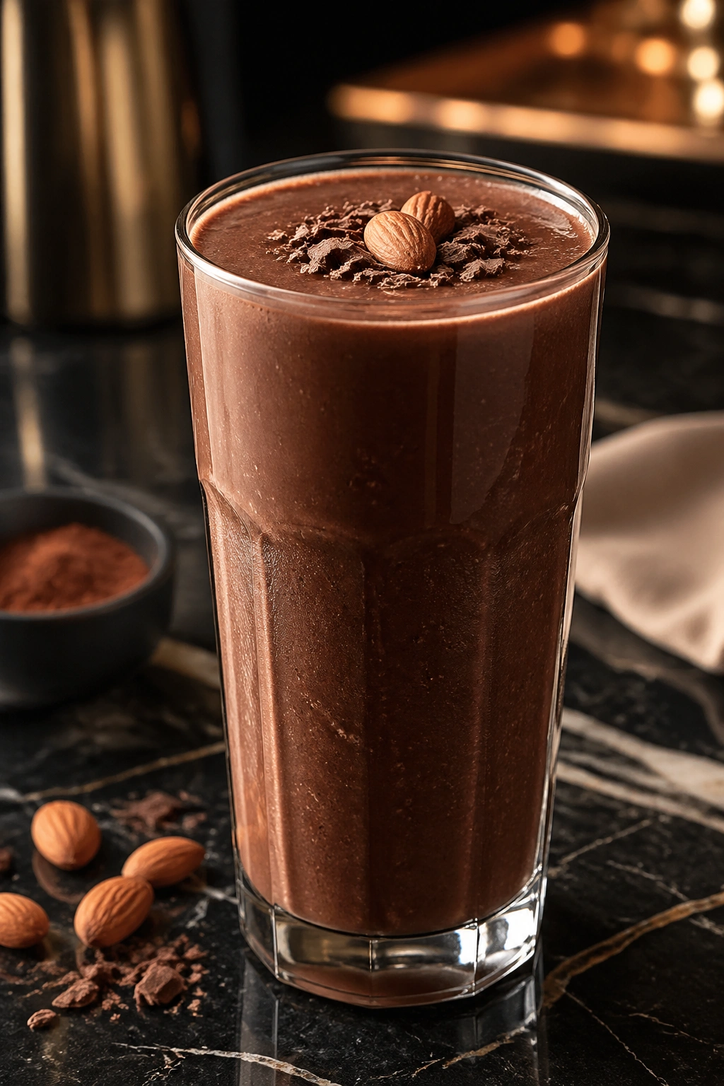 Glass of Cocoa Almond Casein Smoothie on dark marble counter