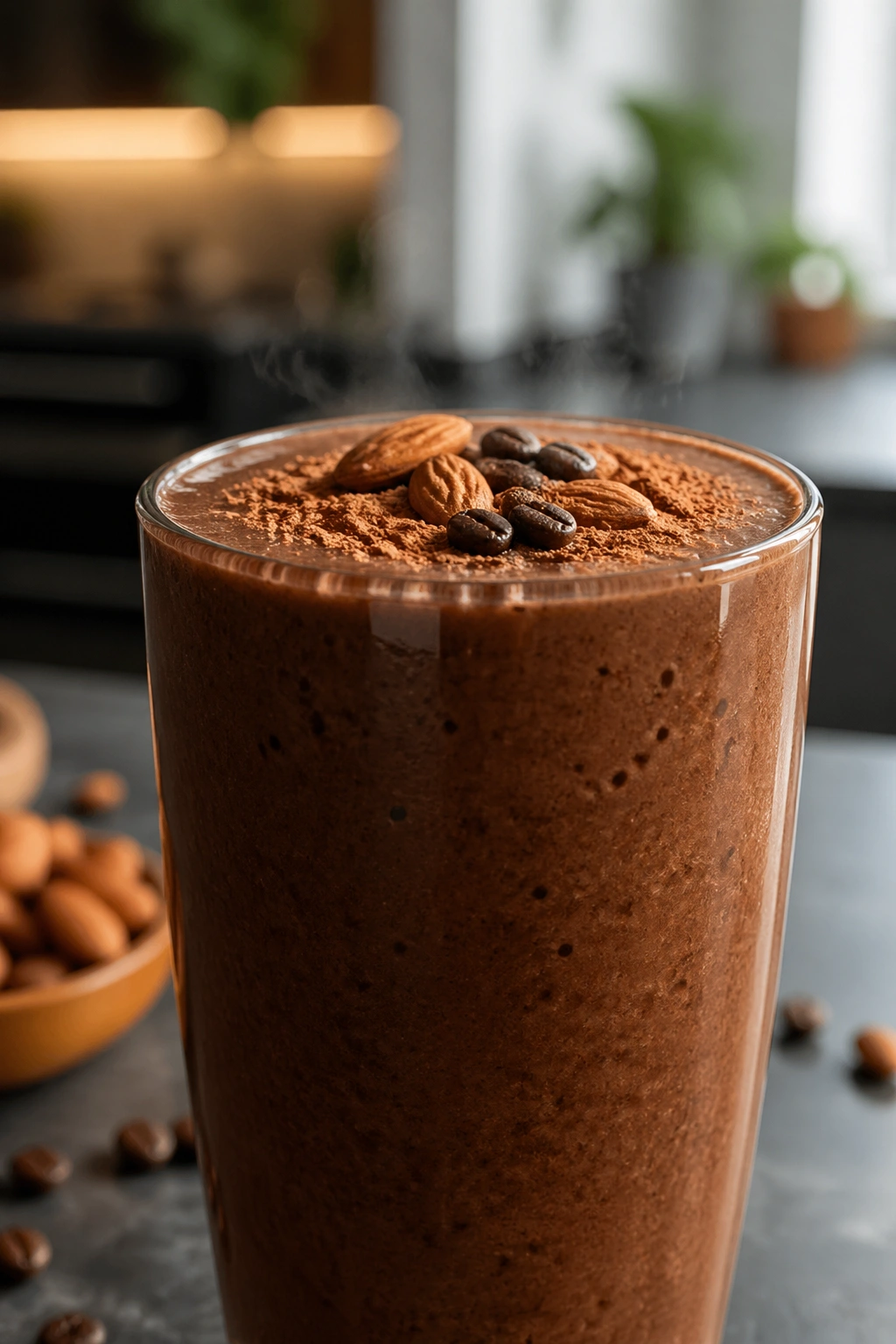 Close-up of Cocoa Almond Espresso Smoothie in a glass with espresso notes in a sleek kitchen.