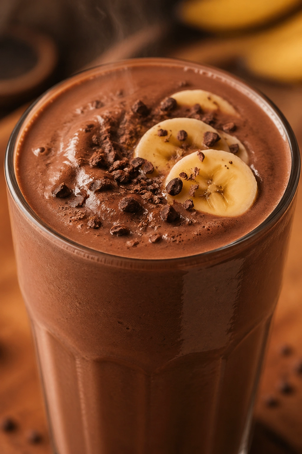 Close-up of Cocoa Banana Tahini Shake in glass on kitchen counter