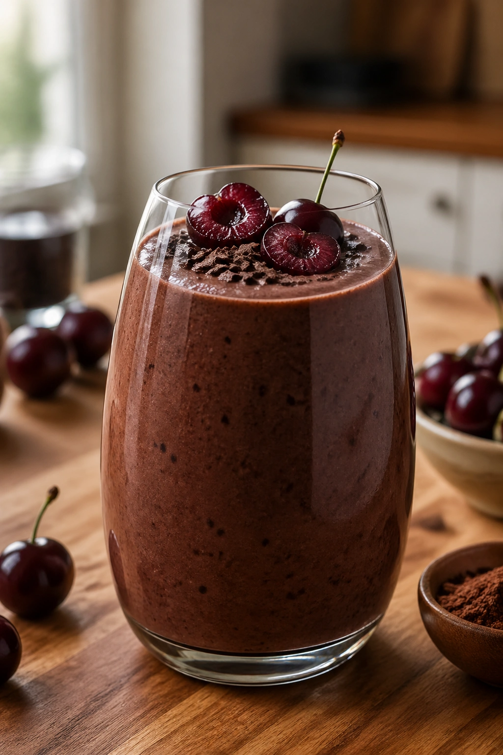 Close-up of Cocoa Cherry Belly Fat Recovery Smoothie in a glass on a wooden counter