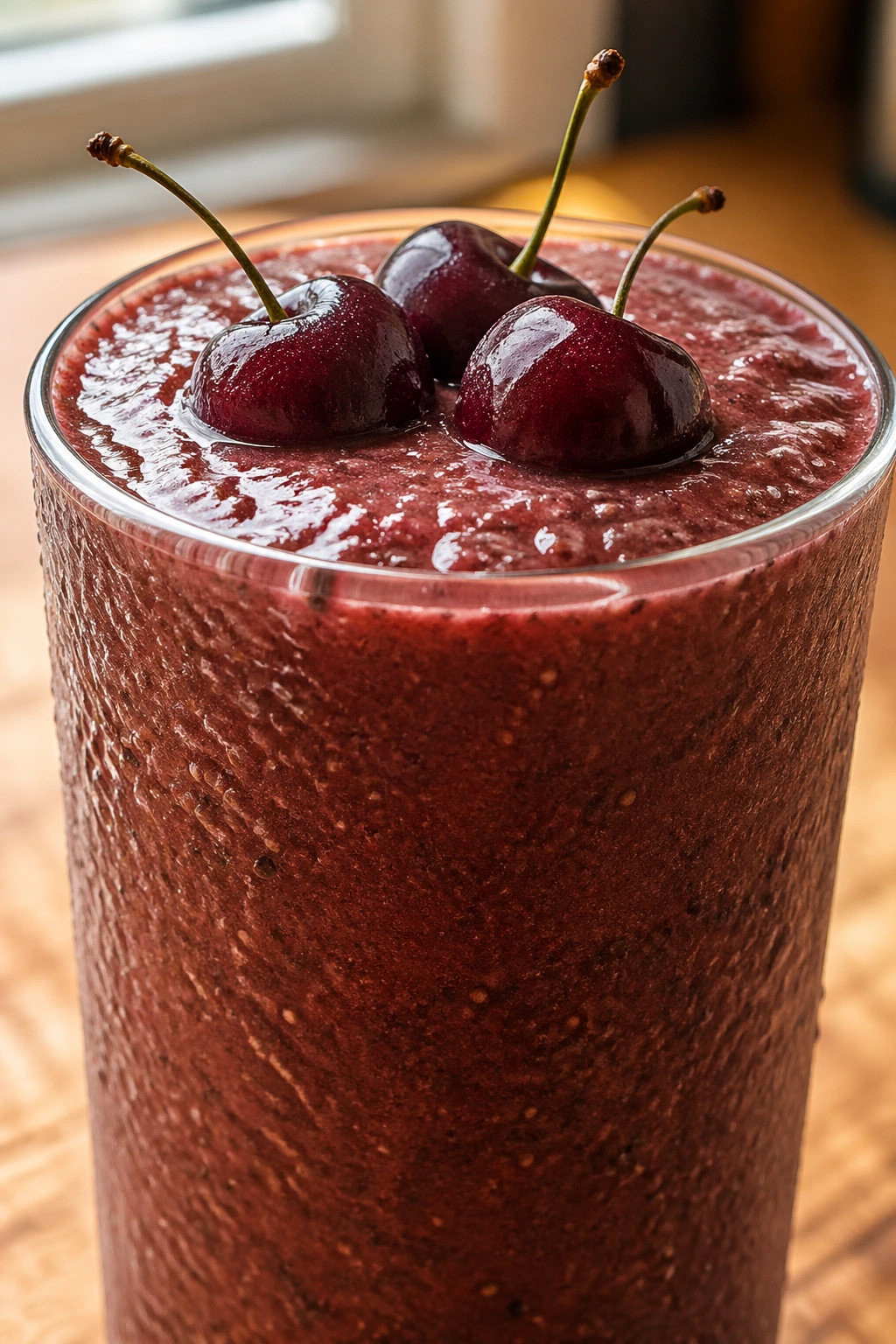 Close-up of a tall glass with cocoa-chia-cherry smoothie in deep reddish-brown color on a kitchen counter