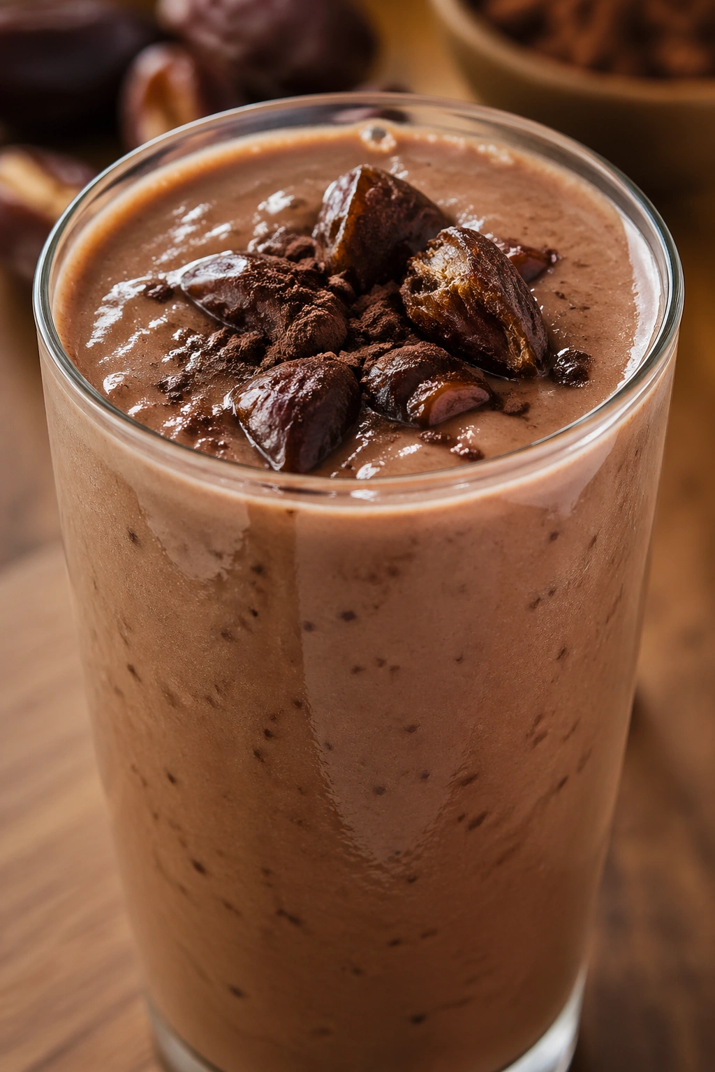 Glass of cocoa date mocha shake with glossy surface in a warm kitchen
