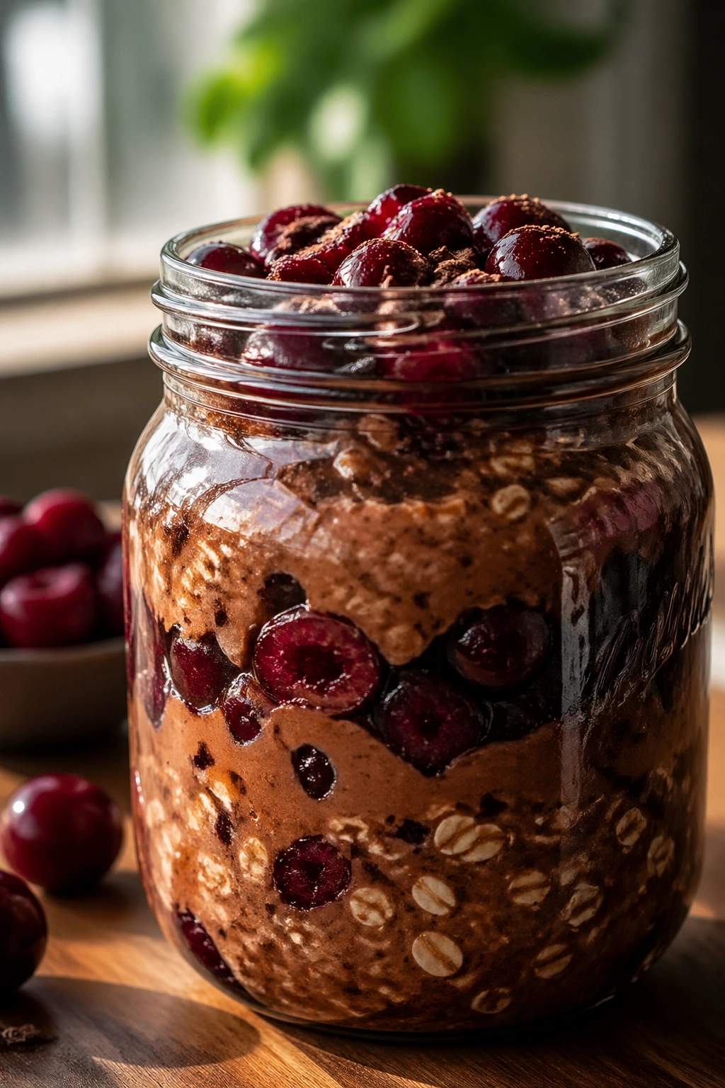 Glass jar of cocoa cherry high-protein oats showing cocoa and cherries