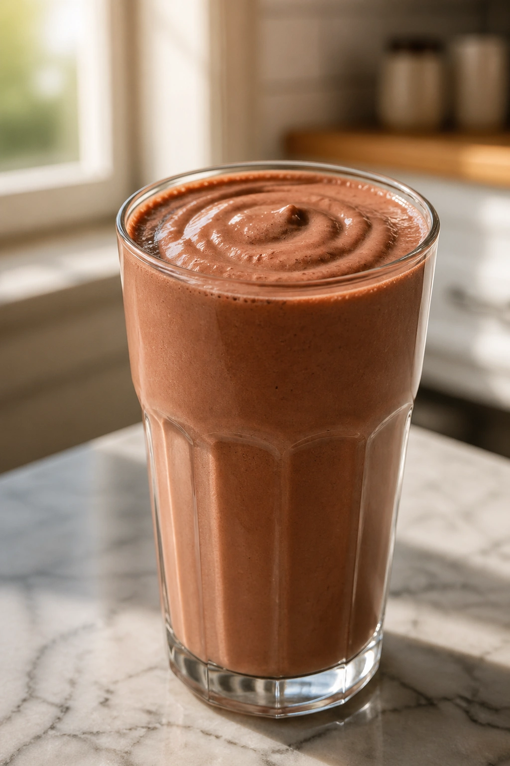 Close-up of chocolate protein shake in a glass on a kitchen counter