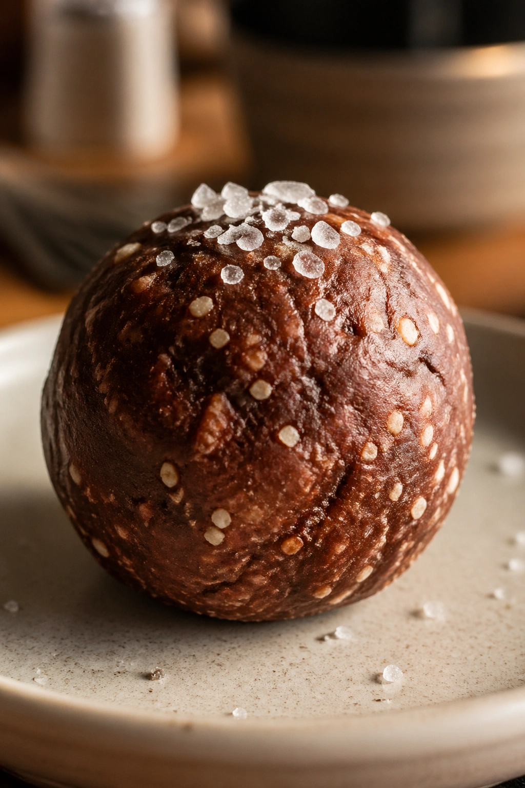 Close-up of cocoa tahini protein ball with sea salt on top