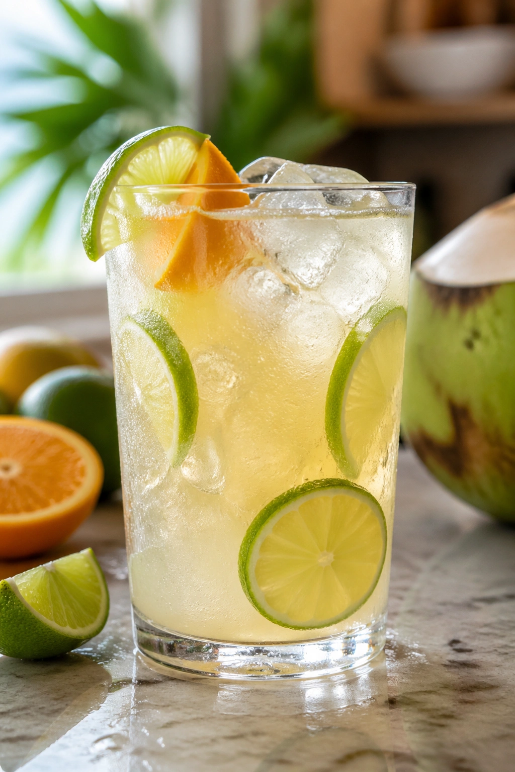 Close-up of coconut lime electrolyte drink with lime droplets on glass