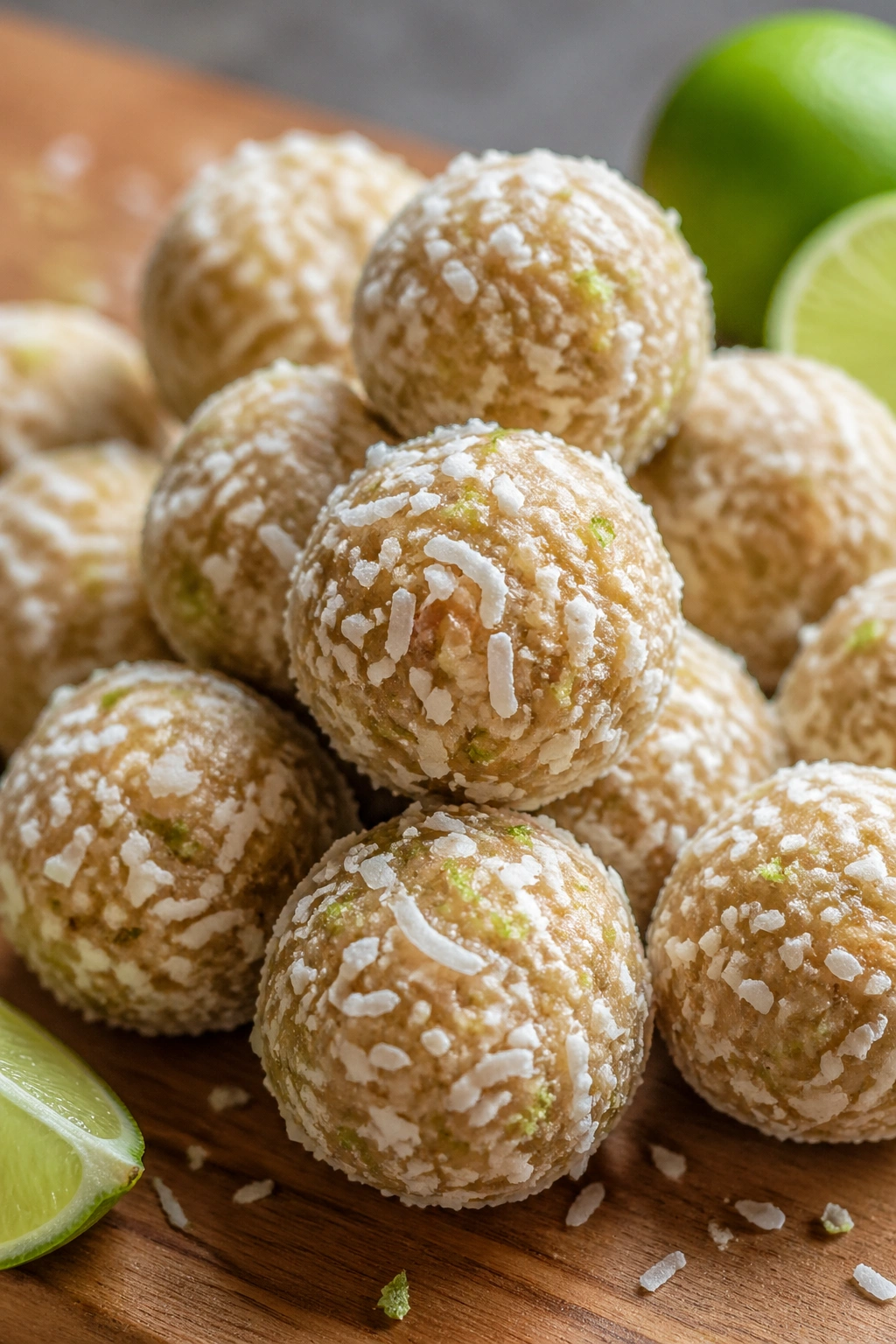 Close-up of Coconut Lime Cashew Protein Balls with lime zest on a wooden board