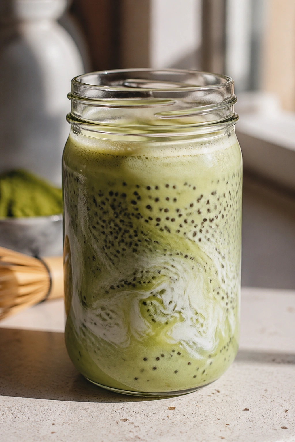 Coconut Matcha Chia Latte in a glass jar with visible chia seeds