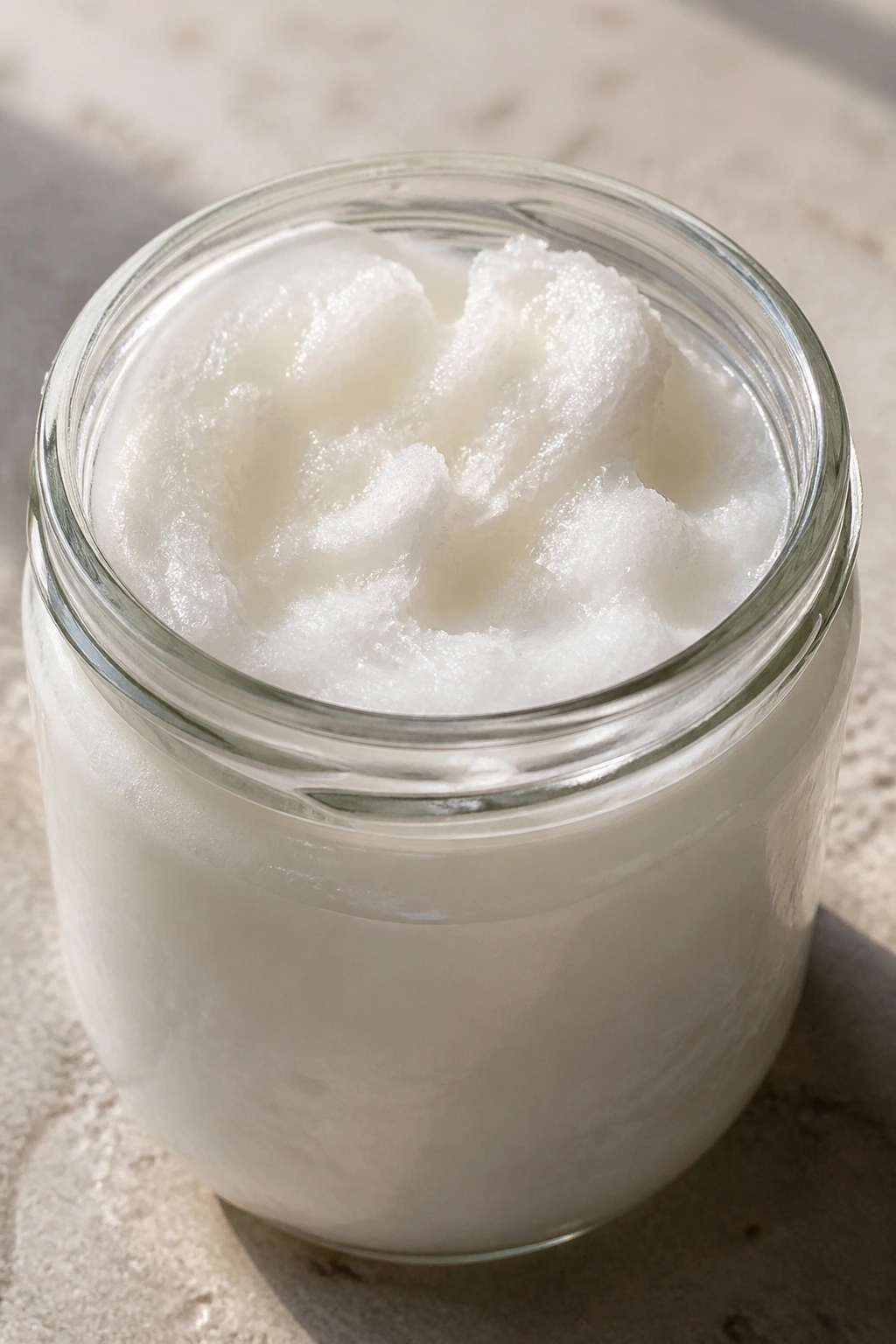 Close-up of virgin coconut oil jar on a stone countertop