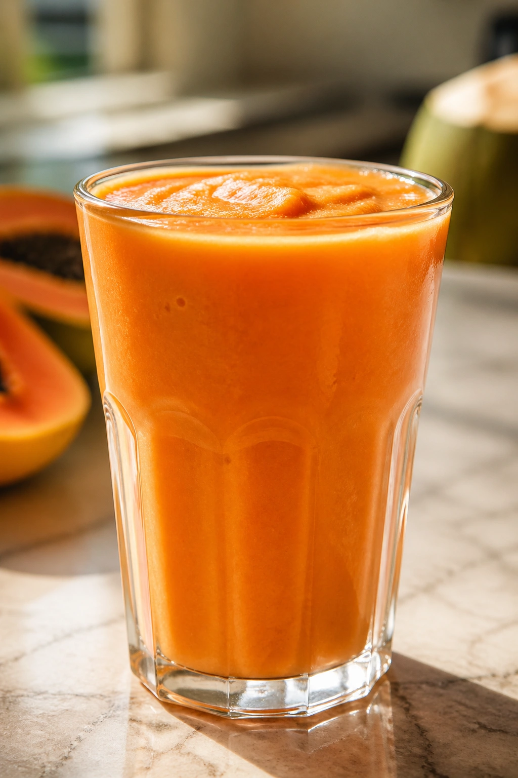 Close-up of a coconut papaya electrolyte replenisher smoothie in a glass on a sunlit counter