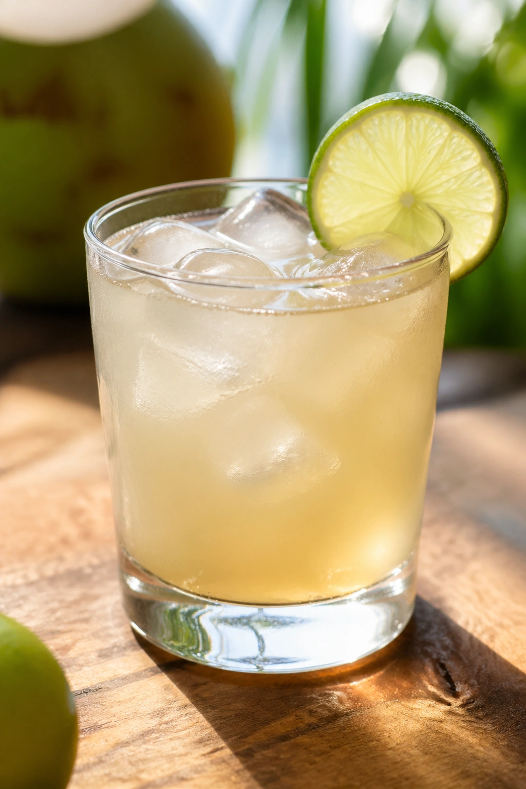 Glass of coconut water ACV cooler with ice on a sunny patio.