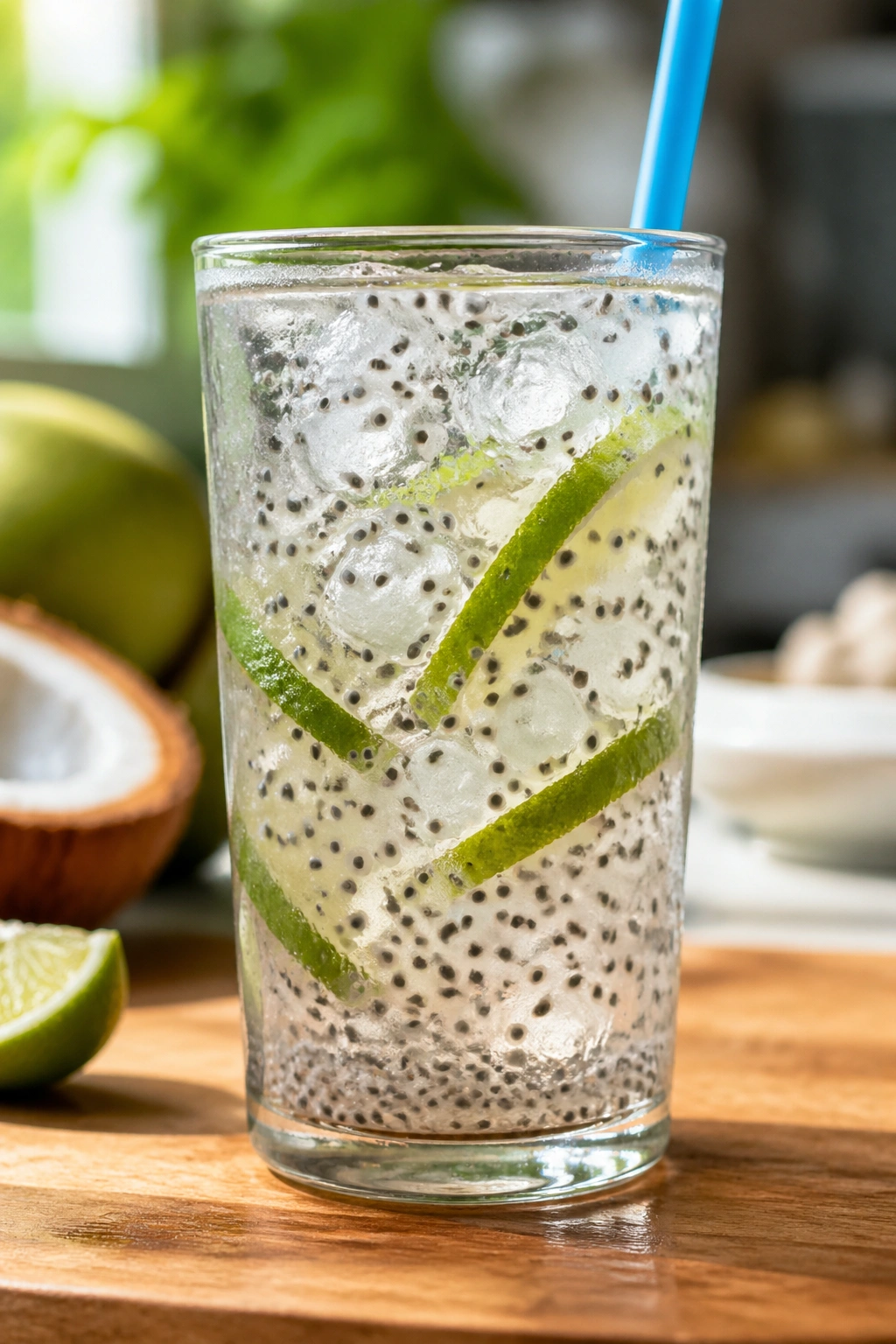 Close-up of coconut water chia refresher in a glass on a sunny kitchen counter