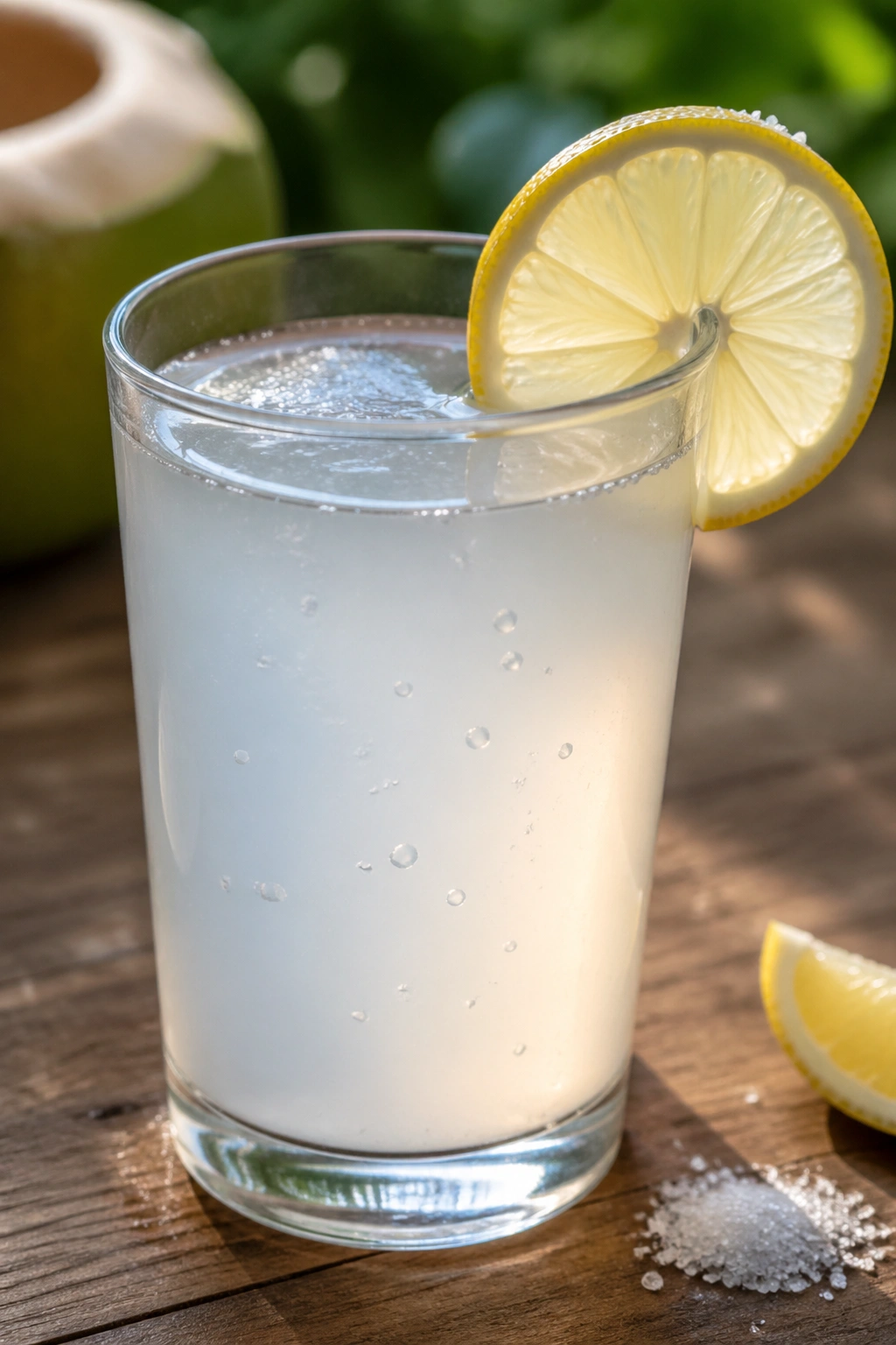 Glass of coconut water with lemon slice and salt on wooden surface